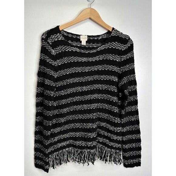 Chico's Striped Fringe Hem Sweater Textured Knit Pullover Top Size Medium - Picture 2 of 7